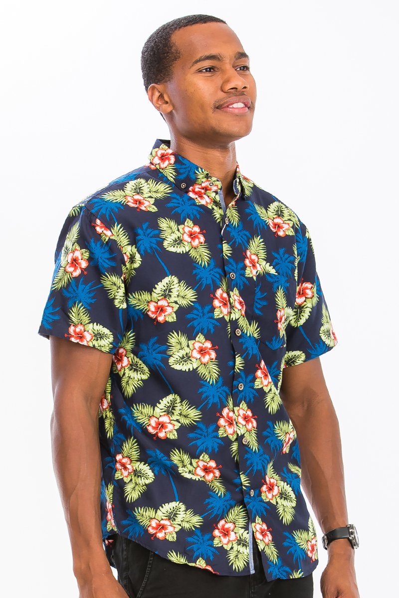 A vibrant Hawaiian Print Button Down Shirt featuring unique digital patterns and a chest pocket, perfect for summer wear.