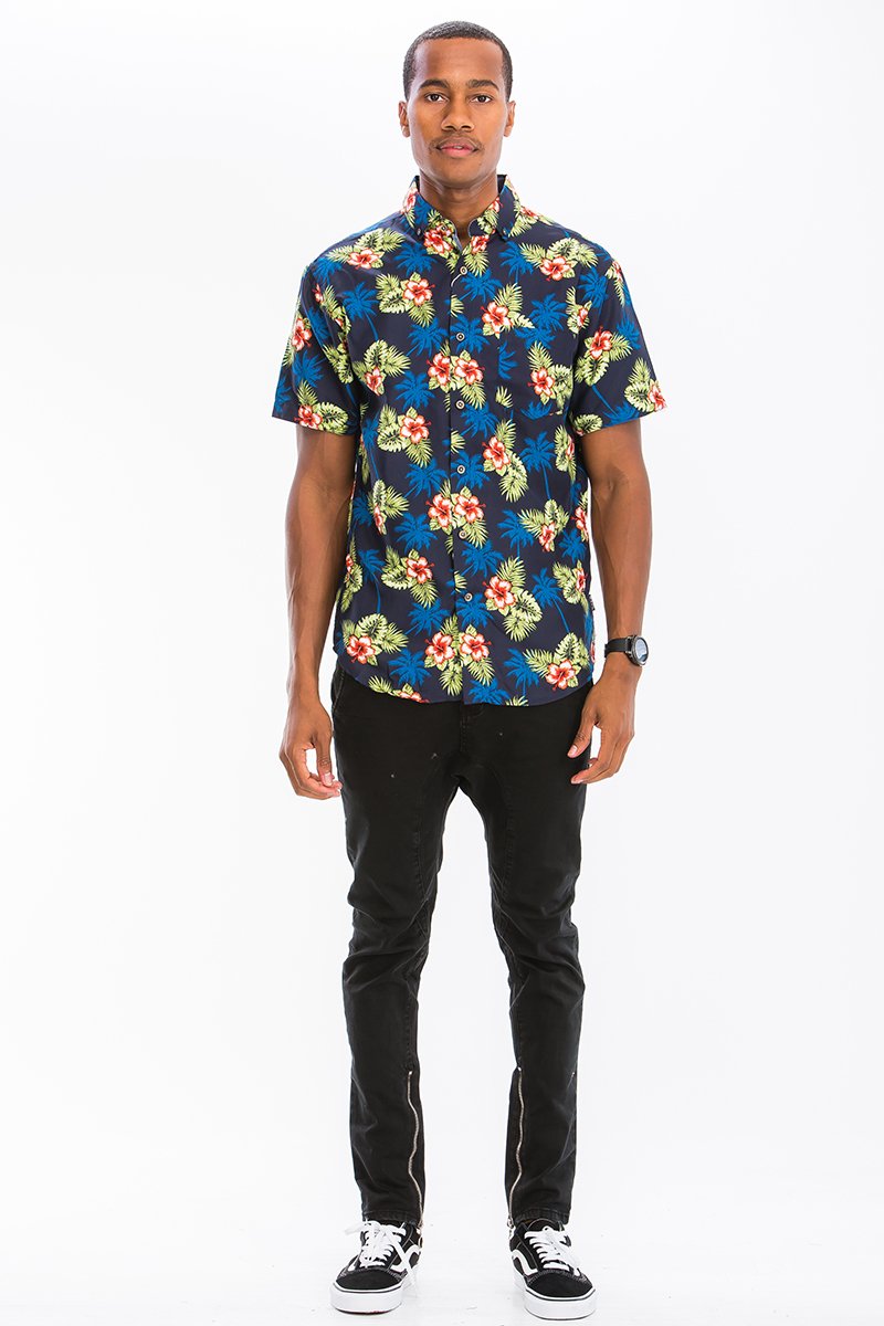 A vibrant Hawaiian Print Button Down Shirt featuring unique digital patterns and a chest pocket, perfect for summer wear.