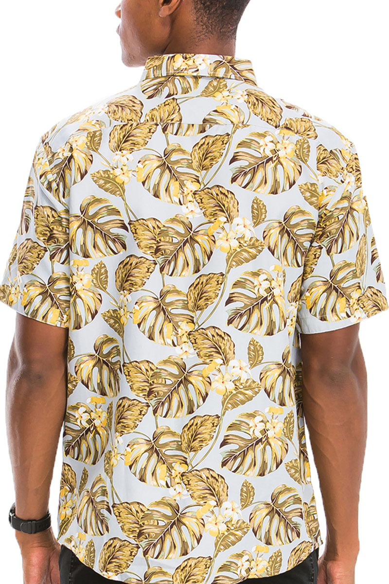 A vibrant Hawaiian Print Button Down Shirt featuring colorful tropical patterns, short sleeves, and a chest pocket.