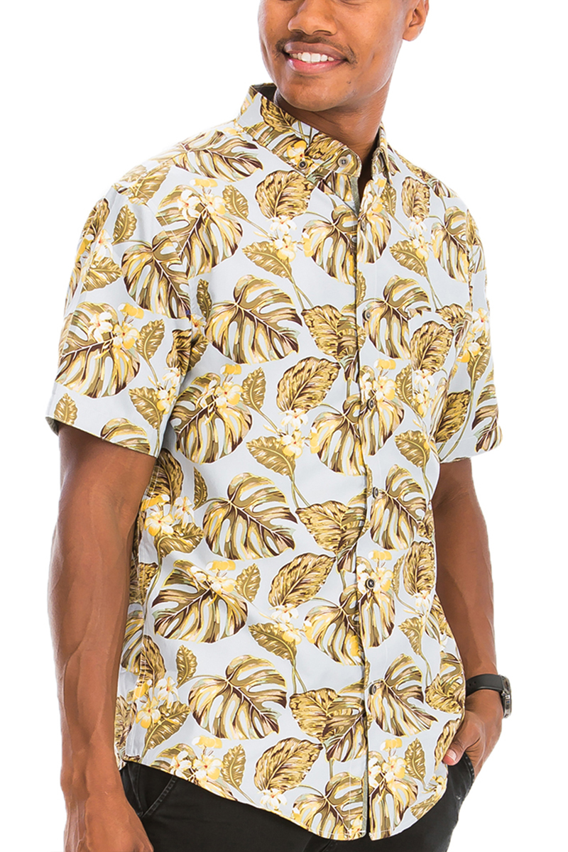 A vibrant Hawaiian Print Button Down Shirt featuring colorful tropical patterns, short sleeves, and a chest pocket.