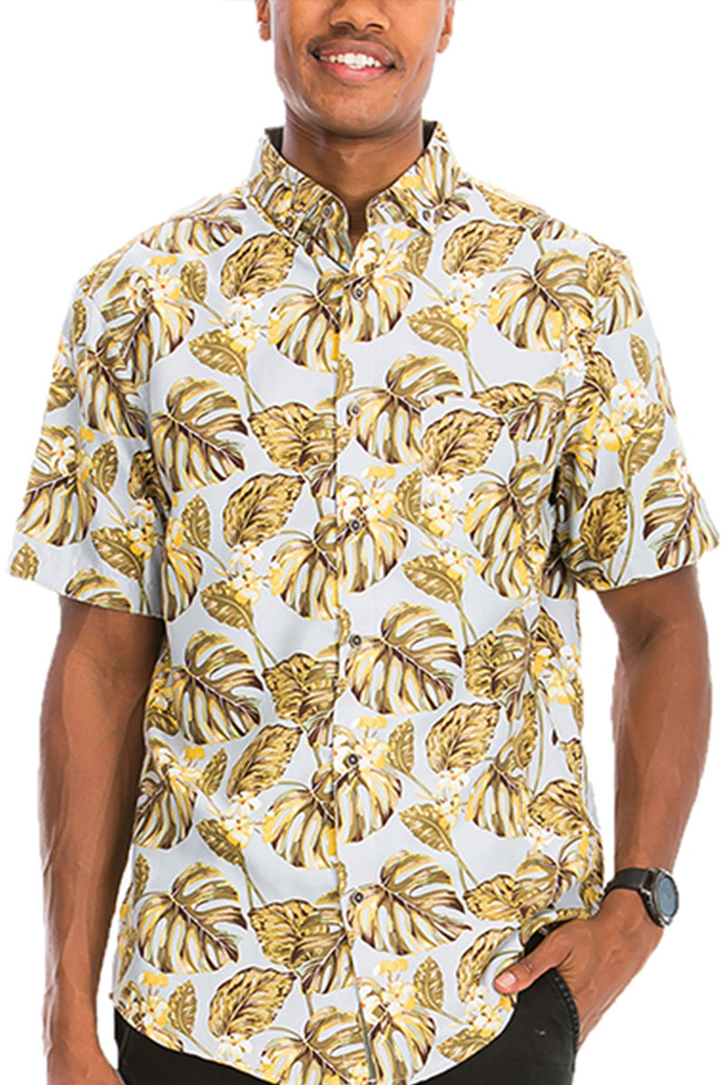 A vibrant Hawaiian Print Button Down Shirt featuring colorful tropical patterns, short sleeves, and a chest pocket.