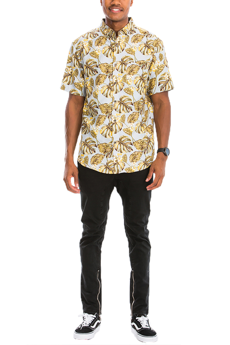 A vibrant Hawaiian Print Button Down Shirt featuring colorful tropical patterns, short sleeves, and a chest pocket.