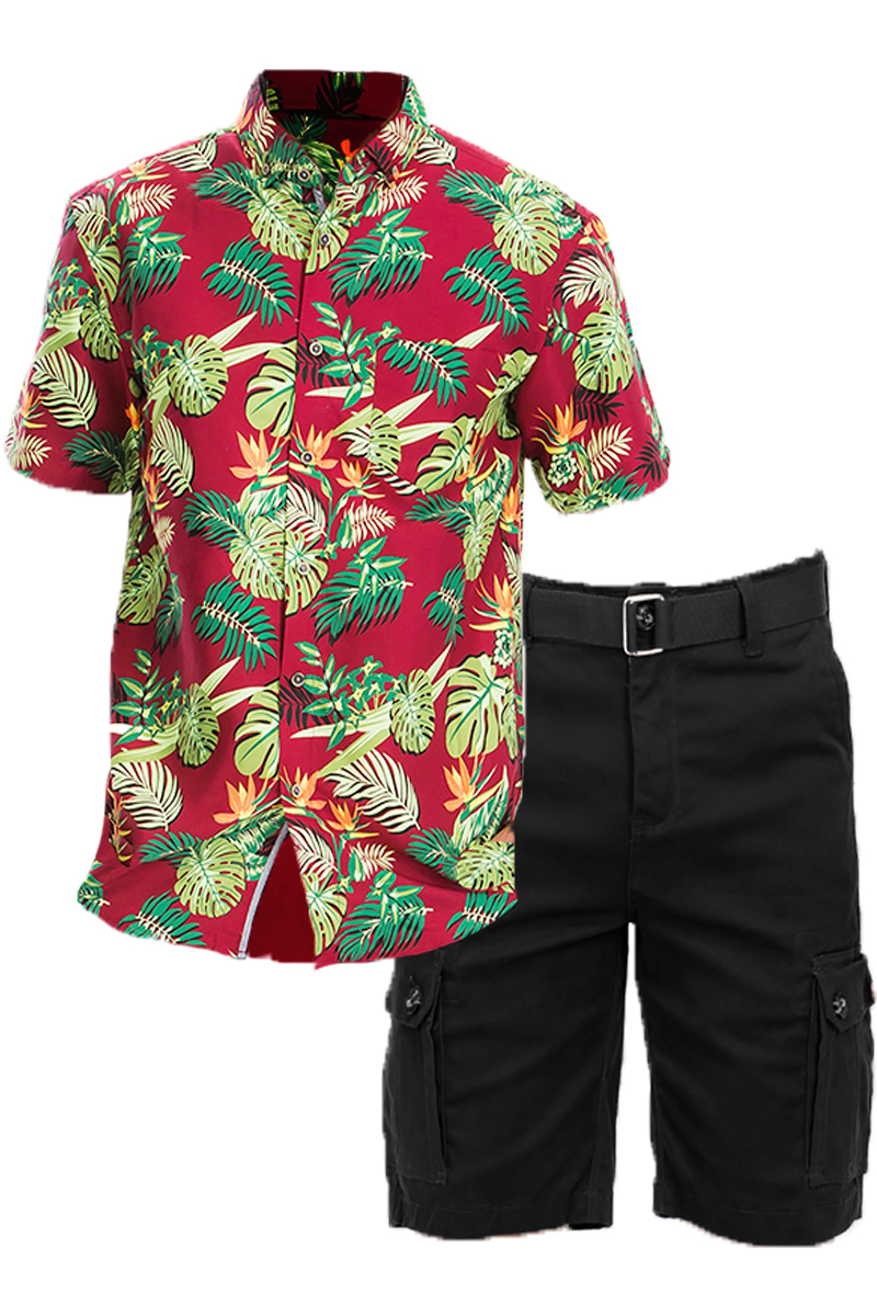 Hawaiian Short Luxury Cargo Set featuring a floral shirt and cargo shorts with a buckle belt, perfect for summer outings.