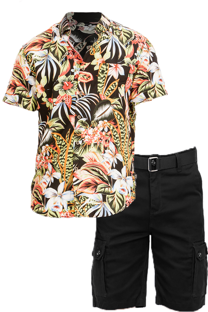 Hawaiian Short Luxury Cargo Set featuring a floral shirt and cargo shorts with a buckle belt, perfect for summer outings.