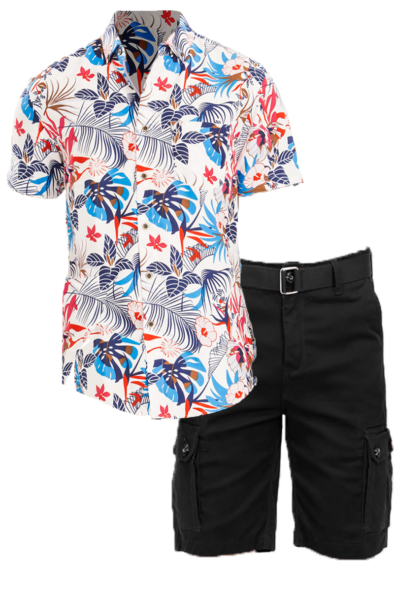 Hawaiian Short Luxury Cargo Set featuring a floral shirt and cargo shorts with a buckle belt, perfect for summer outings.