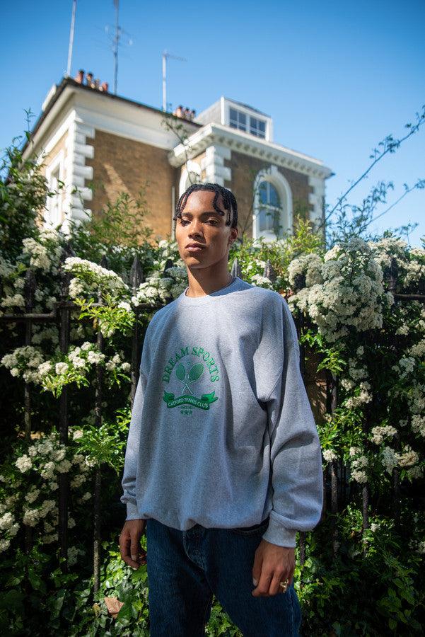 Heather Grey Sweatshirt featuring Catford Tennis Club embroidery, showcasing a relaxed fit and stylish design.