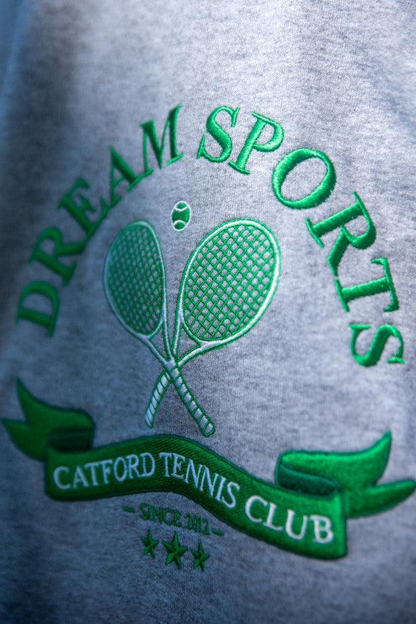 Heather Grey Sweatshirt featuring Catford Tennis Club embroidery, showcasing a relaxed fit and stylish design.