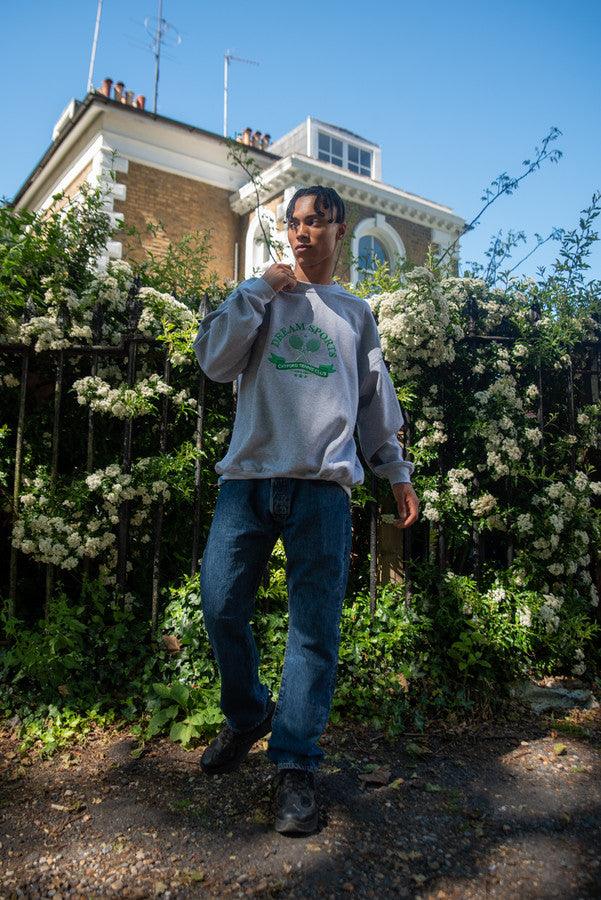 Heather Grey Sweatshirt featuring Catford Tennis Club embroidery, showcasing a relaxed fit and stylish design.