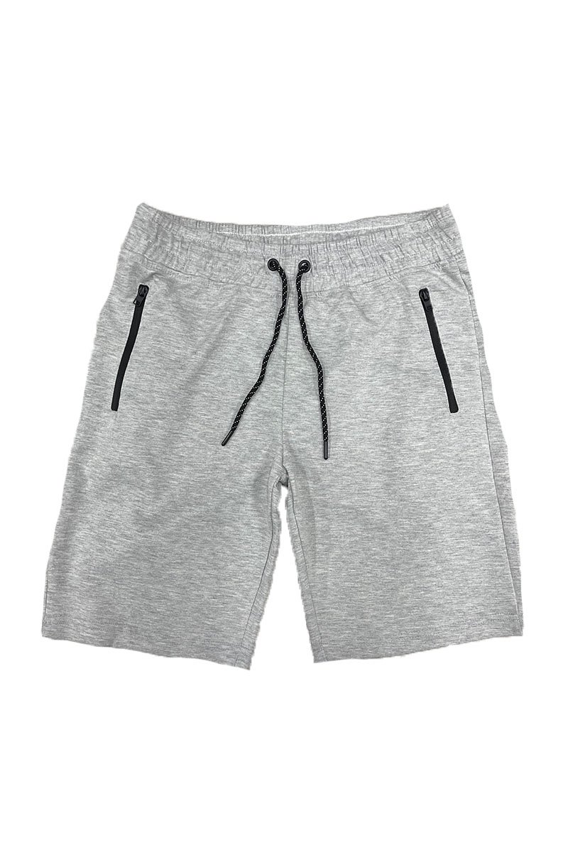 Heathered cotton shorts featuring an elastic waist and zipper pocket, perfect for casual wear.