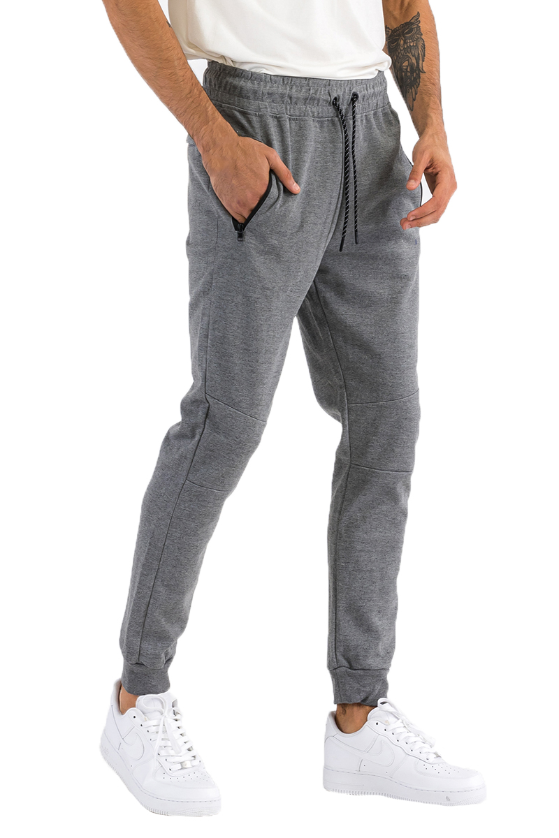 Heathered cotton sweats featuring elastic waist, ankle, and zipper pocket, perfect for casual wear.