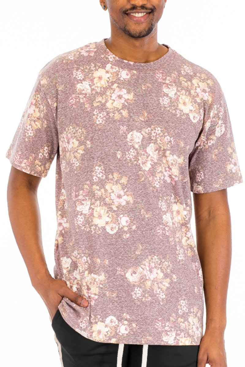 Heathered floral shirt featuring a stylish floral pattern, made from a comfortable polyester and spandex blend.