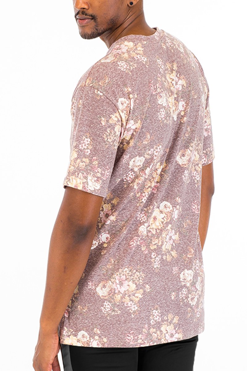 Heathered floral shirt featuring a stylish floral pattern, made from a comfortable polyester and spandex blend.