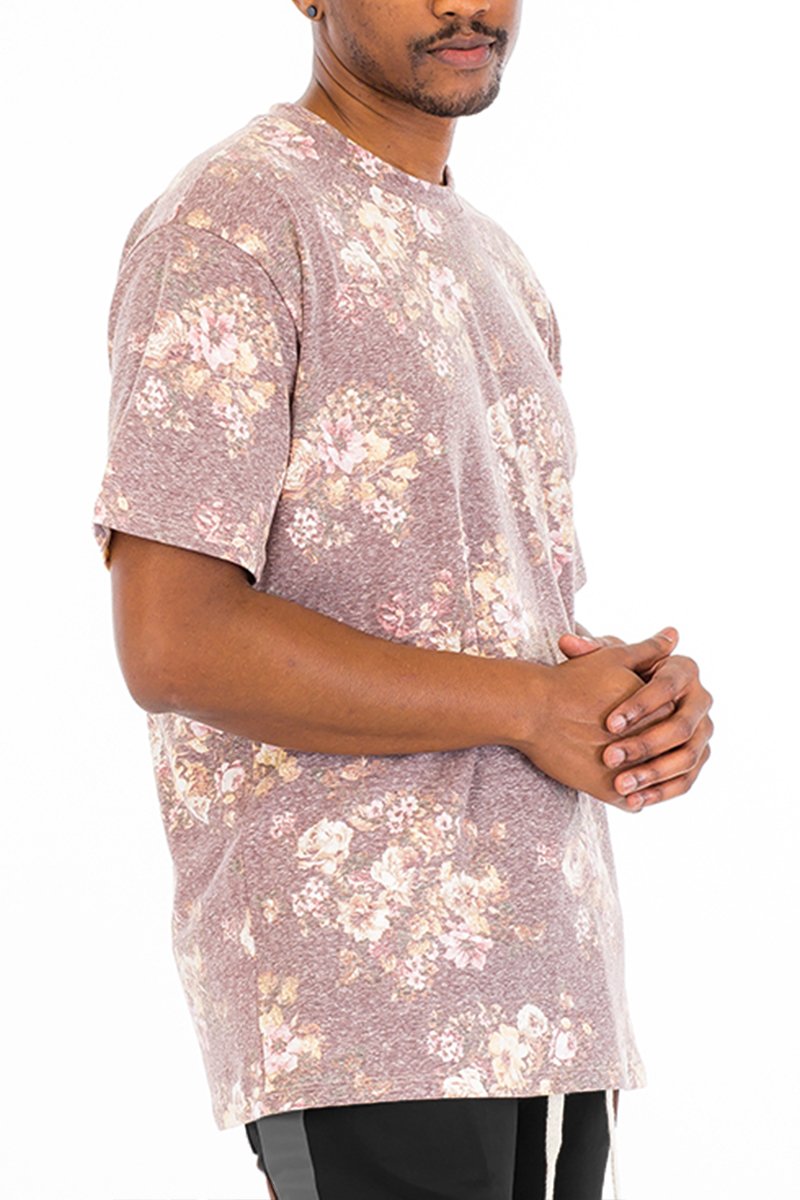 Heathered floral shirt featuring a stylish floral pattern, made from a comfortable polyester and spandex blend.