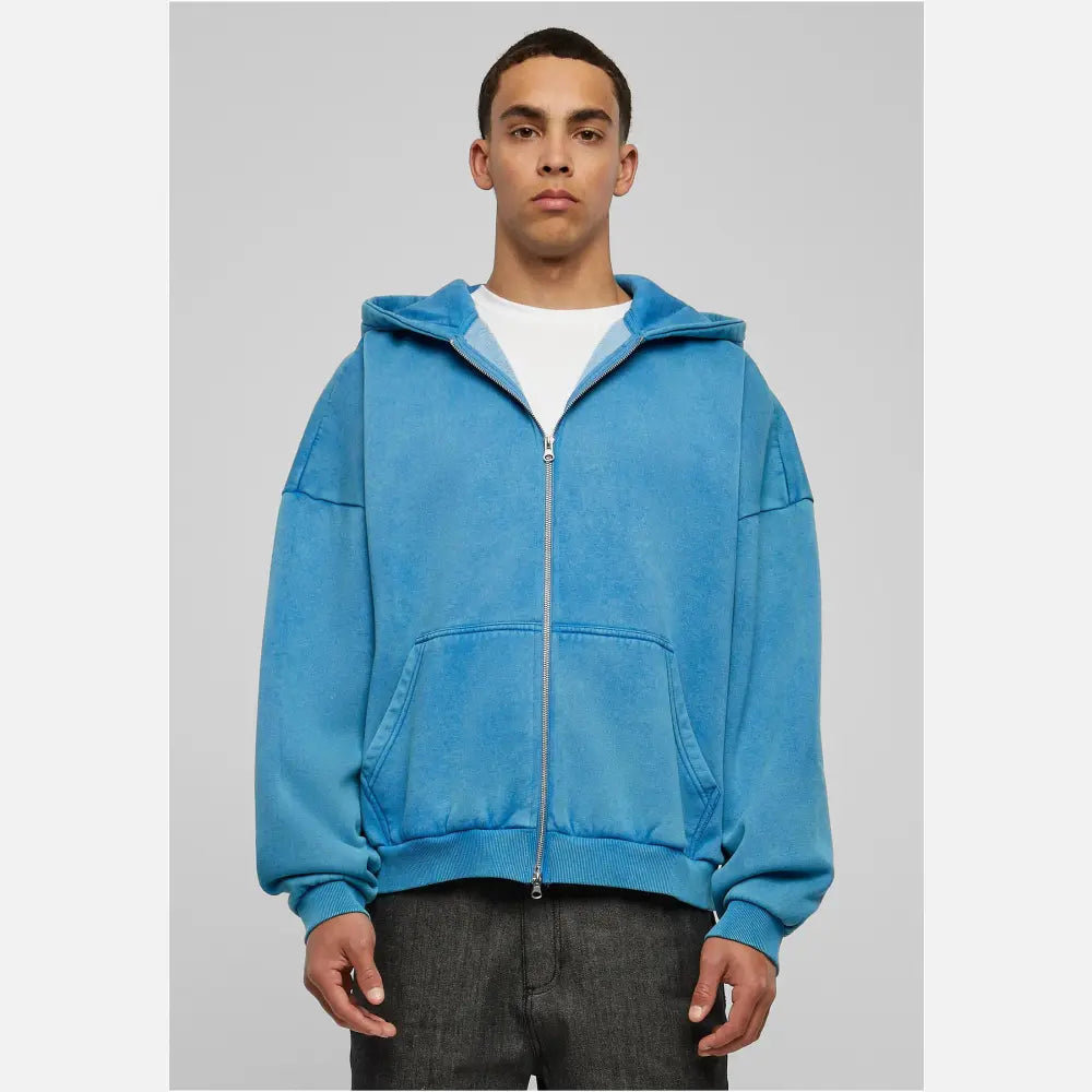 Heavy Stone Washed 90s Zip Hoodie featuring an oversized fit, kangaroo pocket, and metal zipper in a stylish stone wash finish.