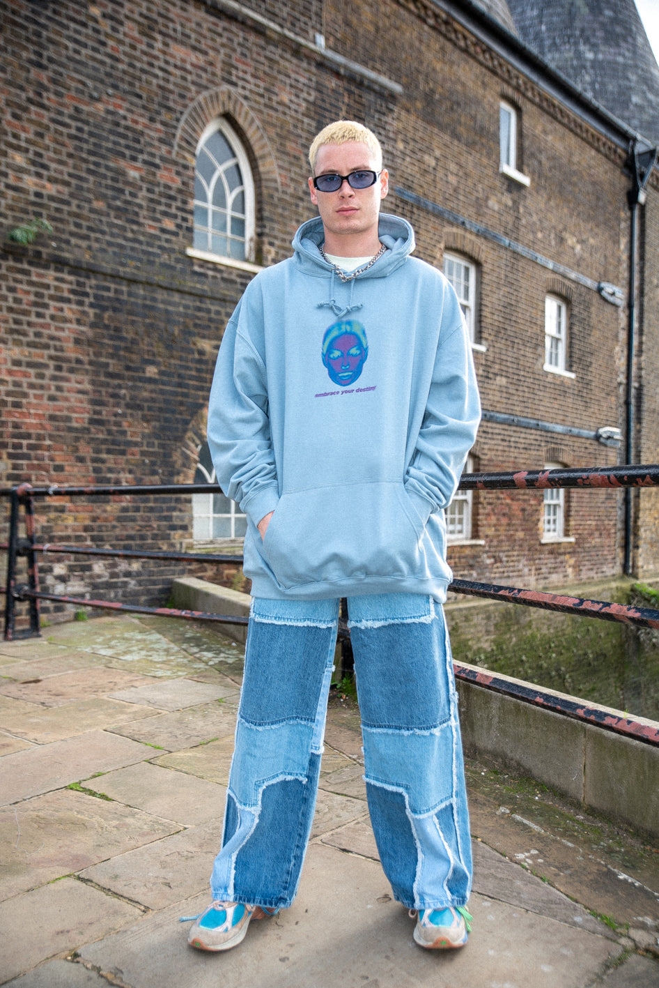 Dusty blue unisex hoodie featuring 'Embrace Your Destiny' print, showcasing a relaxed fit and heavyweight cotton material.