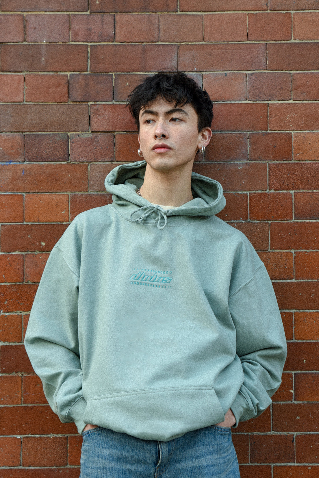 Dusty green unisex hoodie featuring futuristic logo embroidery, showcasing a relaxed fit and heavyweight cotton fabric.