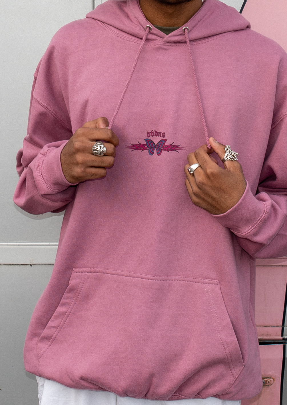 Dusty purple unisex hoodie with vibrant Y2K butterfly and flame print, showcasing a relaxed fit and heavyweight cotton material.