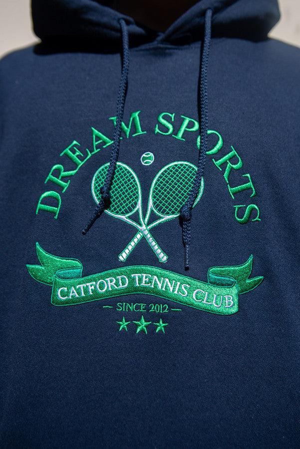 Navy hoodie featuring Catford Tennis Club embroidery on the front, showcasing a stylish and comfortable design.