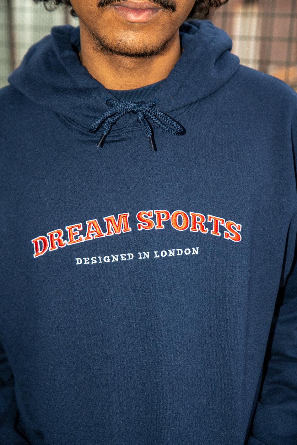 Navy hoodie featuring Dream Sports embroidery, showcasing a stylish design and heavyweight cotton material.