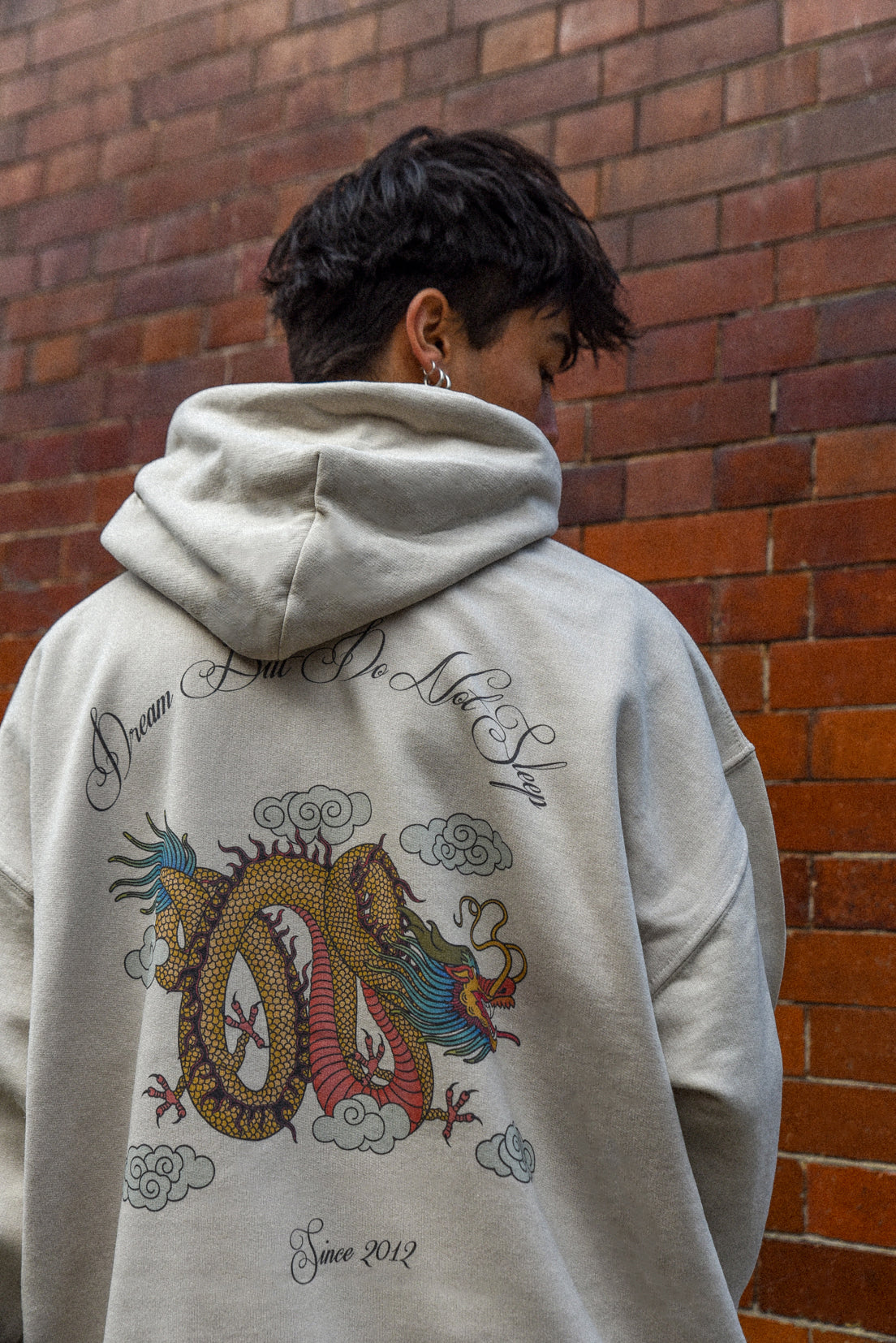 A stylish sand-colored unisex hoodie featuring a vibrant Chinese dragon print, showcasing its relaxed fit and heavyweight cotton material.