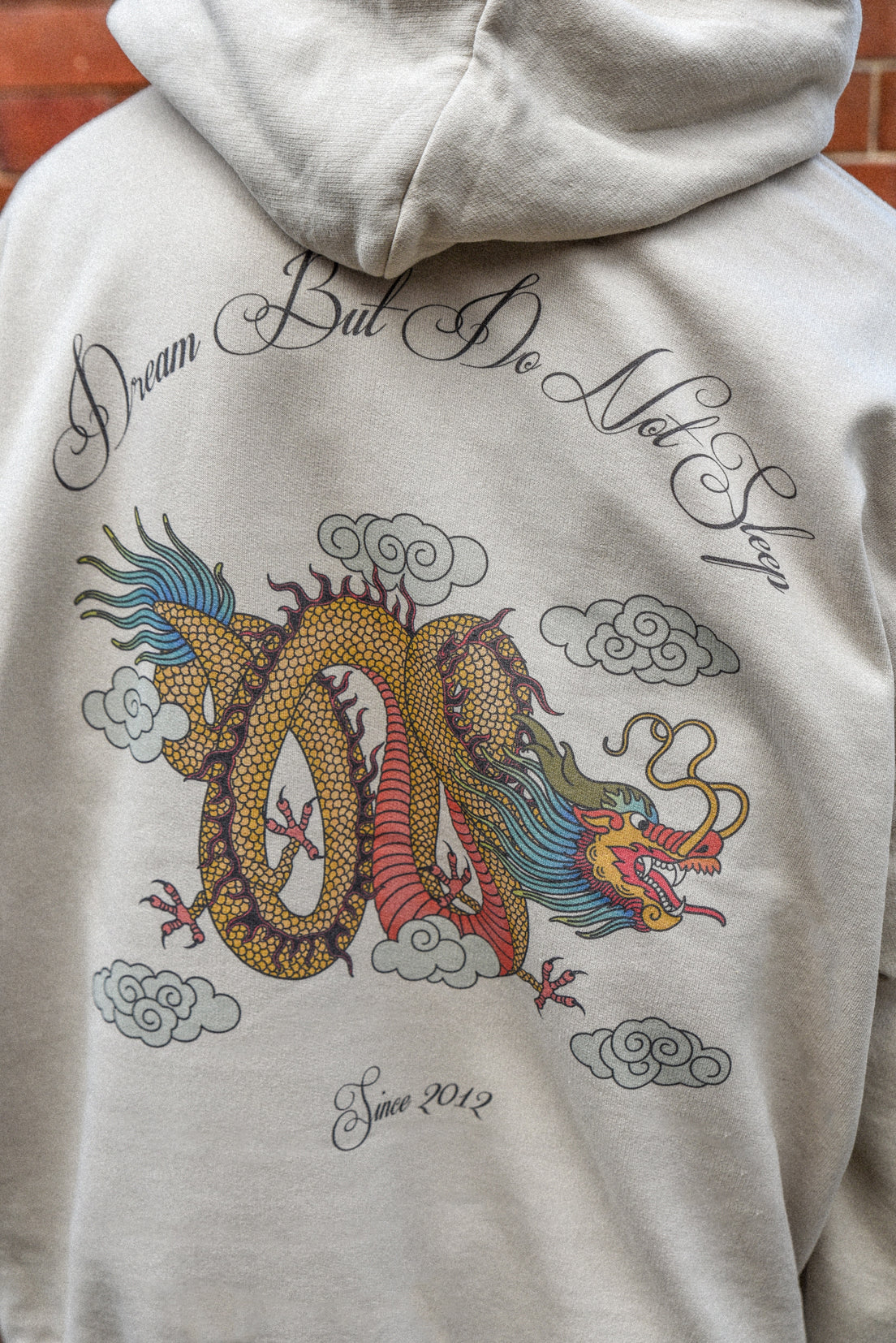 A stylish sand-colored unisex hoodie featuring a vibrant Chinese dragon print, showcasing its relaxed fit and heavyweight cotton material.