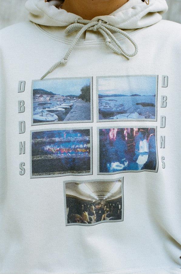 Sand unisex hoodie featuring a vibrant Croatian festival photo print, showcasing a relaxed fit and stylish design.