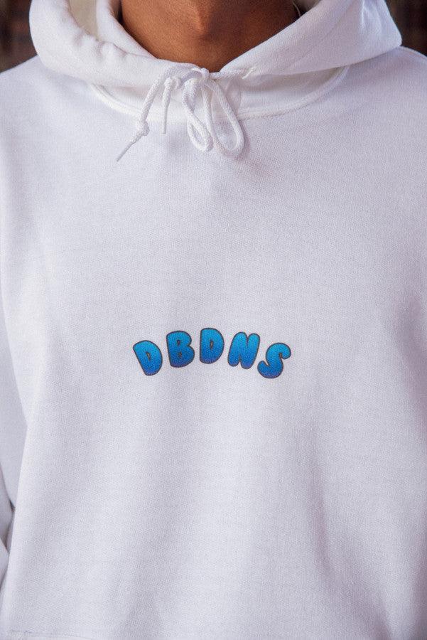 White hoodie featuring a blueberry bubble logo print, showcasing a relaxed fit and woven label details.