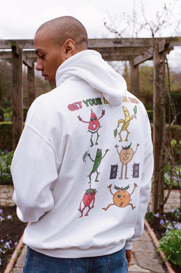 White hoodie featuring a colorful Fruity Ravers print with playful fruit characters, perfect for festival season.