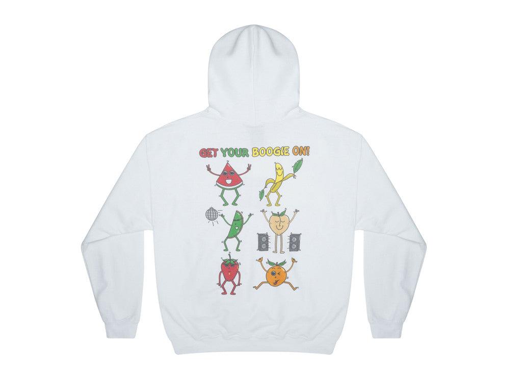 White hoodie featuring a colorful Fruity Ravers print with playful fruit characters, perfect for festival season.