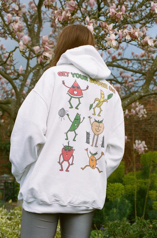 White hoodie featuring a colorful Fruity Ravers print with playful fruit characters, perfect for festival season.