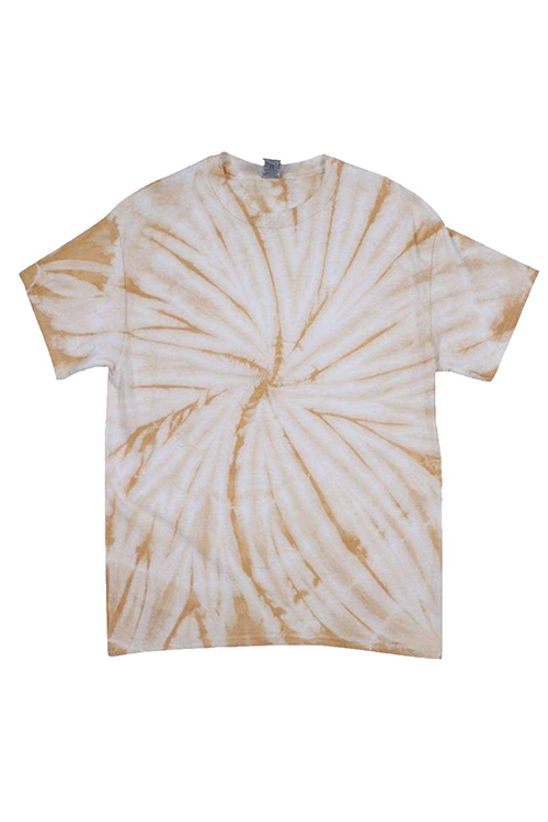 A vibrant honey tie dye t-shirt made from 100% pre-shrunk cotton, showcasing a unique pattern and comfortable fit.