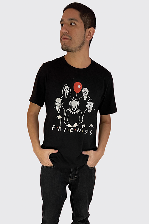 A stylish unisex Horror Movie Characters Friends T-Shirt featuring iconic horror characters, made from soft ring-spun cotton.