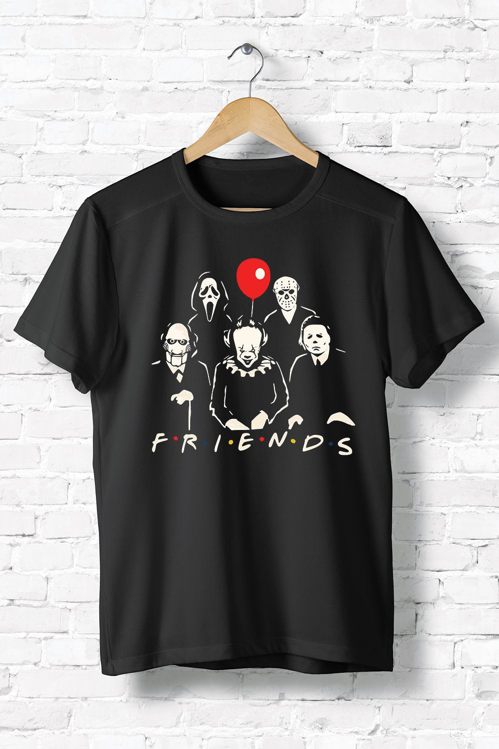 A stylish unisex Horror Movie Characters Friends T-Shirt featuring iconic horror characters, made from soft ring-spun cotton.