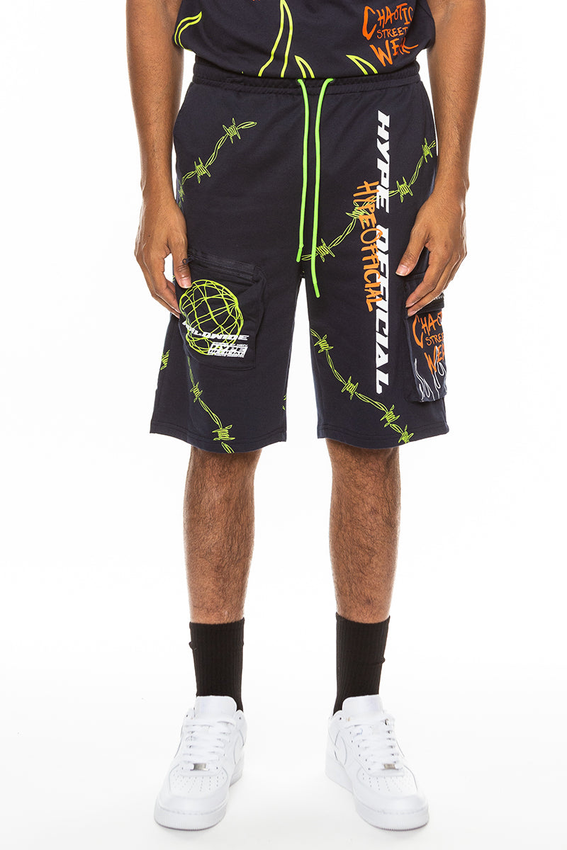 Hype Official Print Shorts featuring a vibrant digital print, elastic waist, and zippered pockets for secure storage.