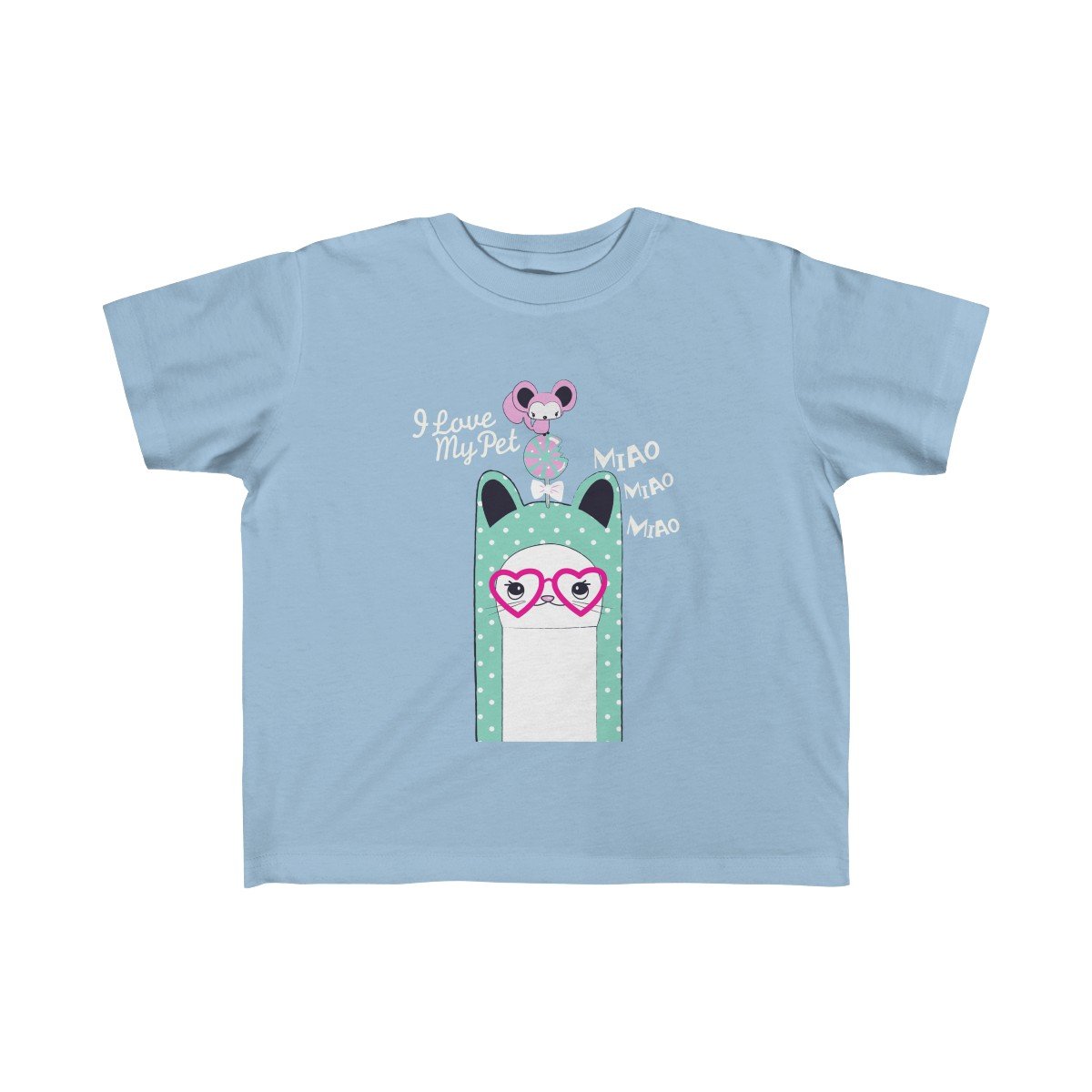 A soft and colorful I Love My Pet Kitten Girls Tee designed for toddlers, featuring a cute kitten graphic.