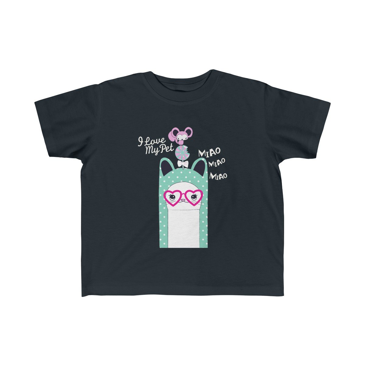 A soft and colorful I Love My Pet Kitten Girls Tee designed for toddlers, featuring a cute kitten graphic.