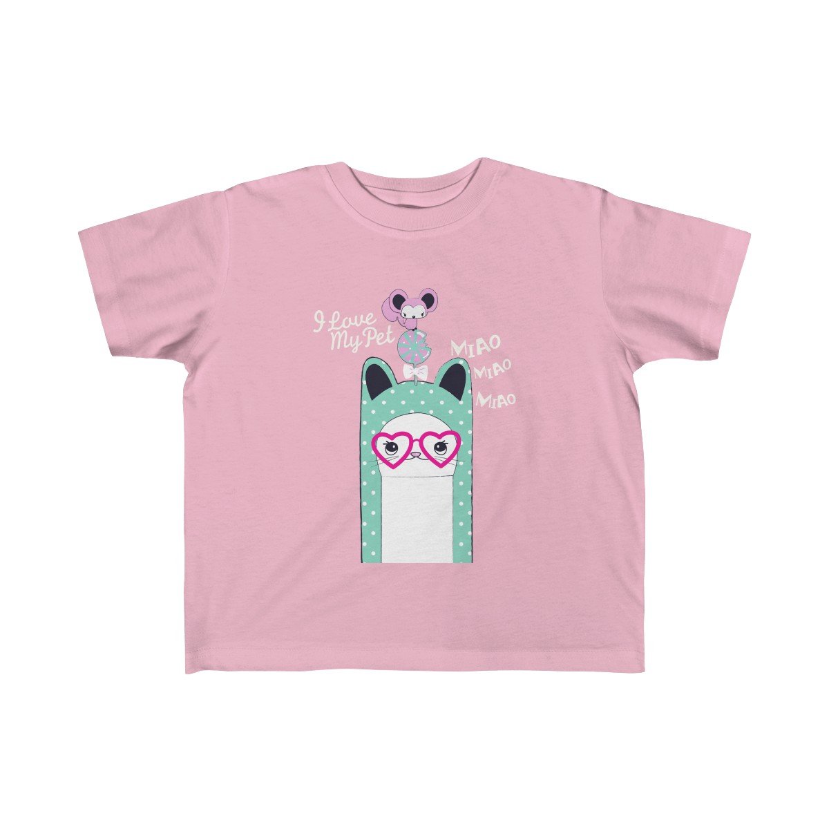 A soft and colorful I Love My Pet Kitten Girls Tee designed for toddlers, featuring a cute kitten graphic.