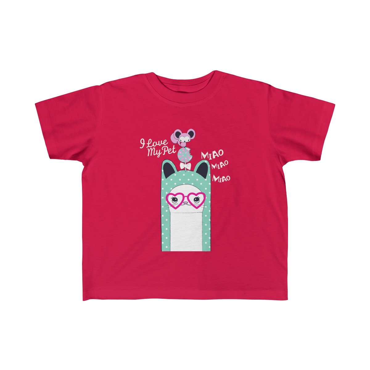 A soft and colorful I Love My Pet Kitten Girls Tee designed for toddlers, featuring a cute kitten graphic.