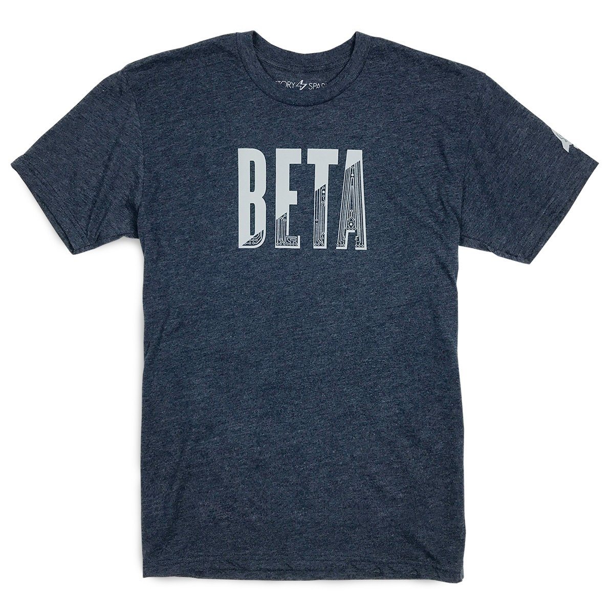 In Beta T-Shirt in dark heather navy featuring a launch rocket sleeve print, made from soft ring-spun cotton.