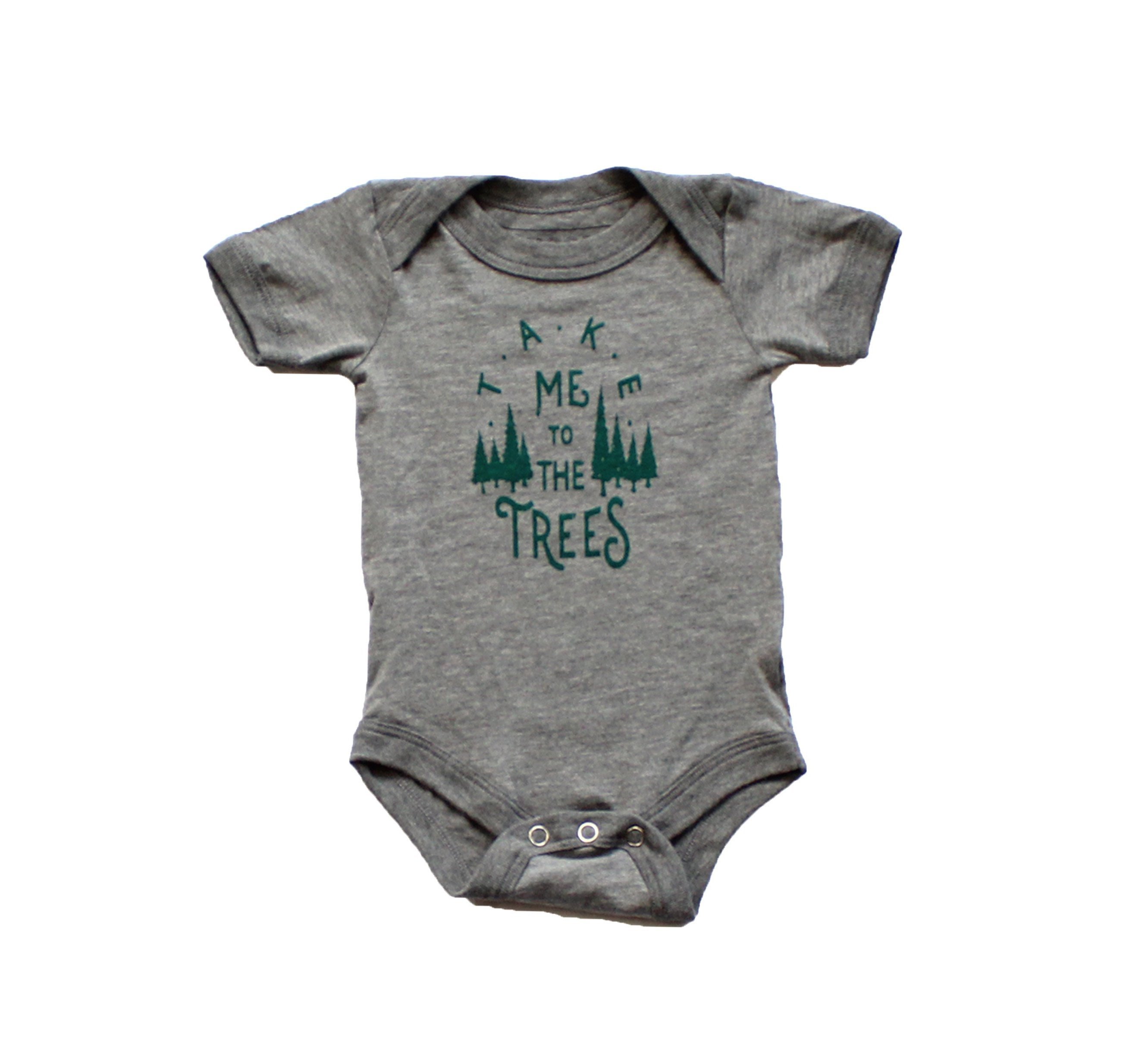 Infant Trees Onesie in heather gray featuring a forest green graphic design, made from 100% ringspun cotton.