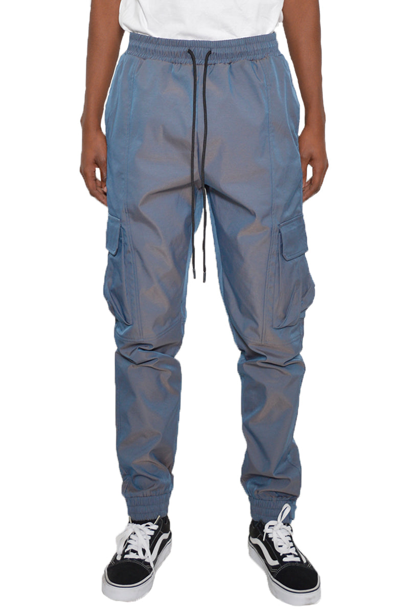 Iridescent Cargo Jogger showcasing shimmering fabric, elastic waist, and cargo pockets.