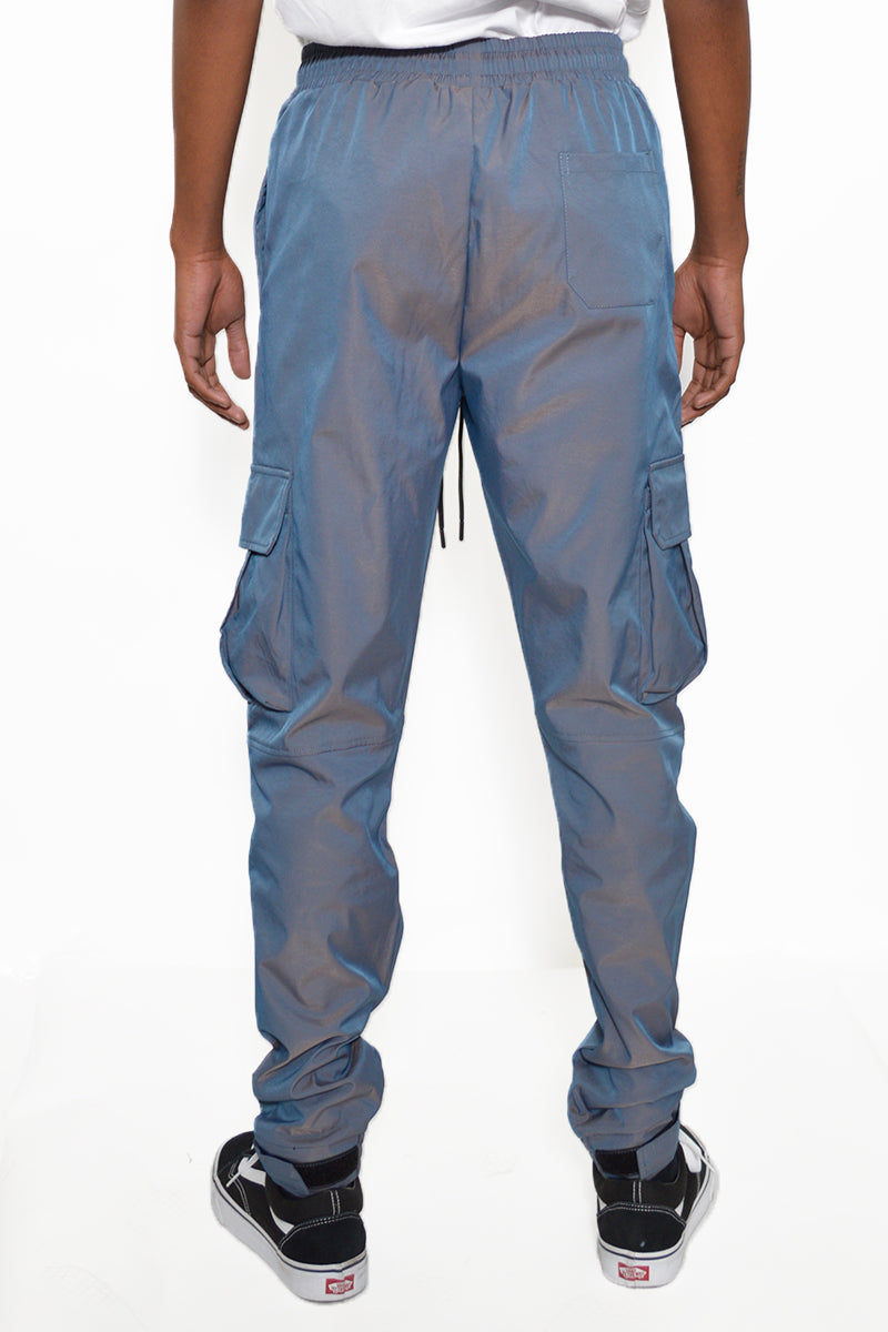 Iridescent Cargo Jogger showcasing shimmering fabric, elastic waist, and cargo pockets.