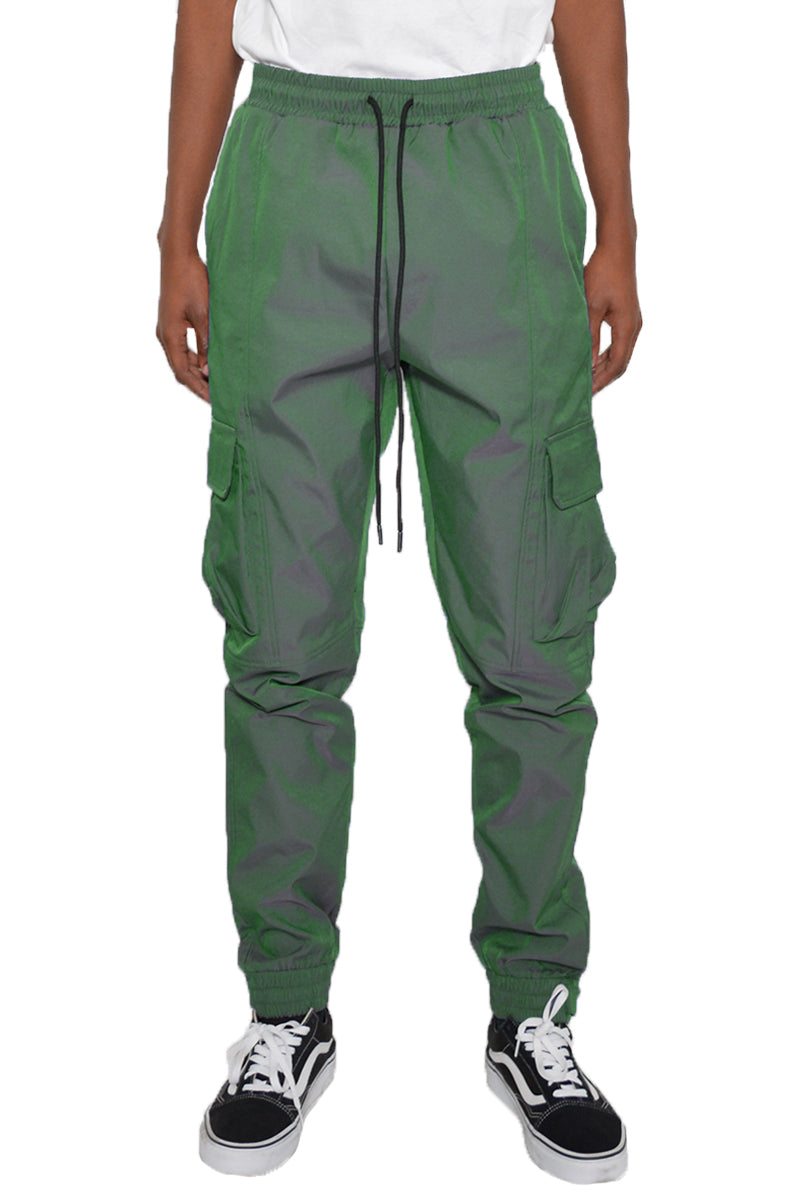 Iridescent Cargo Jogger showcasing shimmering fabric, elastic waist, and cargo pockets.