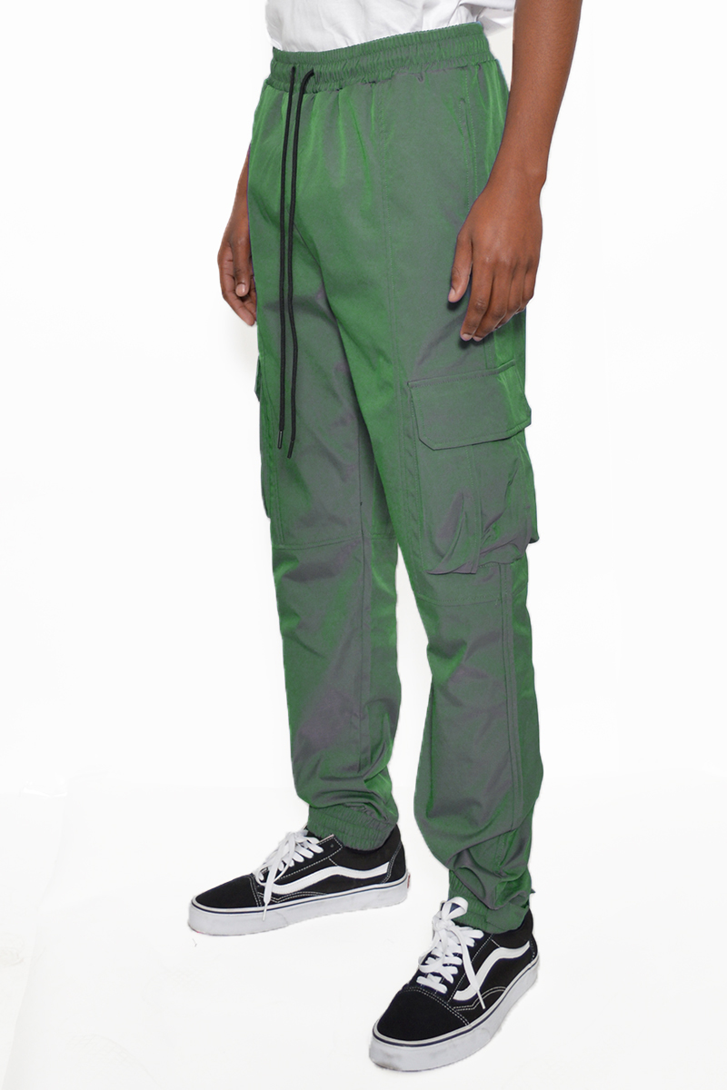 Iridescent Cargo Jogger showcasing its stylish design, elastic waist, and adjustable ankle features.