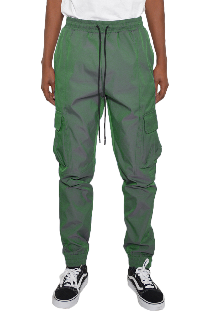 Iridescent Cargo Jogger showcasing its stylish design, elastic waist, and adjustable ankle features.