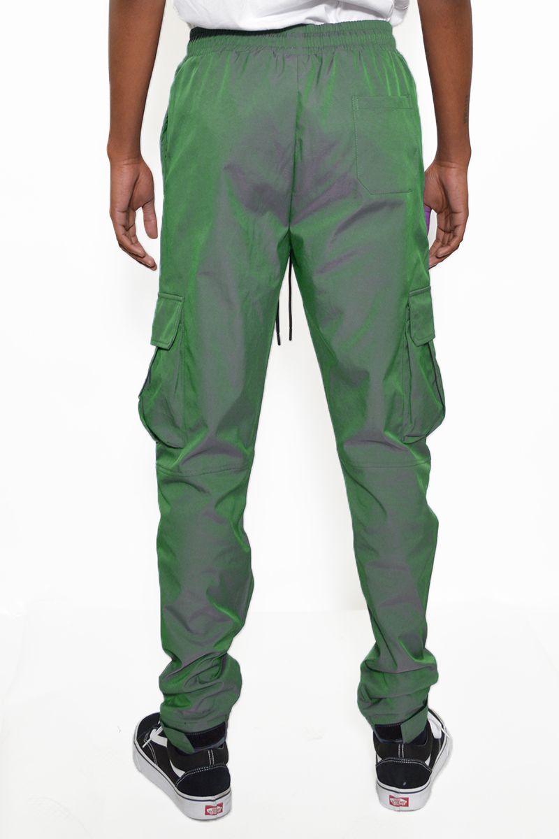 Iridescent Cargo Jogger showcasing its stylish design, elastic waist, and adjustable ankle features.