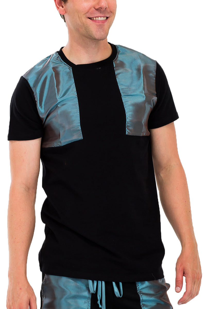 Iridescent Cotton Tee displayed on a mannequin, showcasing its reflective finish and regular fit.