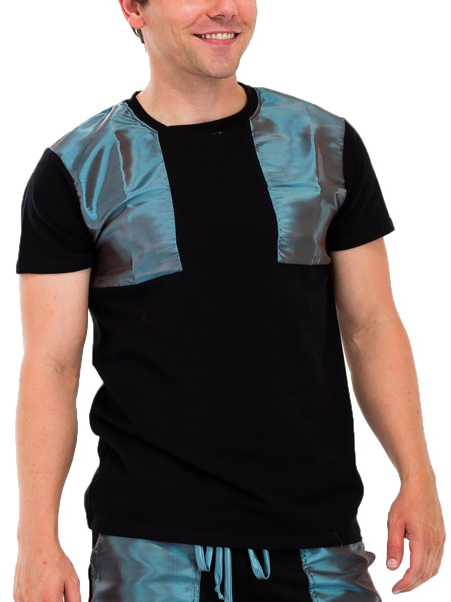 Iridescent Cotton Tee displayed on a mannequin, showcasing its reflective finish and regular fit.