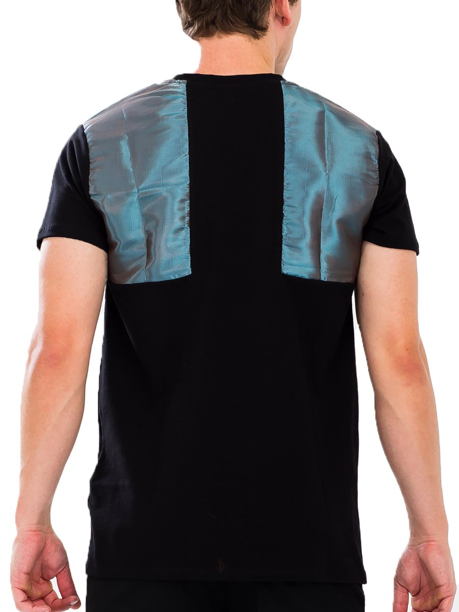 Iridescent Cotton Tee displayed on a mannequin, showcasing its reflective finish and regular fit.