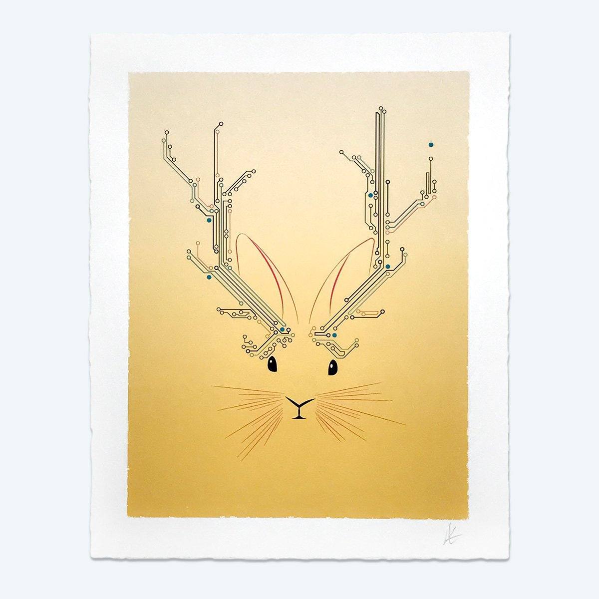 A beautifully detailed Jackalope Art Print featuring a mythical creature with antlers, printed on heavyweight archival paper with deckled edges.